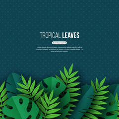 Exotic jungle tropical palm leaves. Summer floral design with dotted dark turquoise color background. Vector illustration. - obrazy, fototapety, plakaty