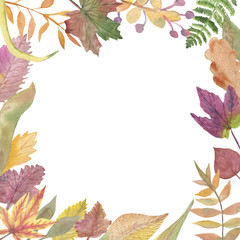 watercolor frame of green, red, yellow leaves, ripe berries, green ferns