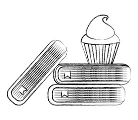 school stacked book and sweet cupcake vector illustration sketch