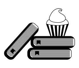 school stacked book and sweet cupcake vector illustration black and white