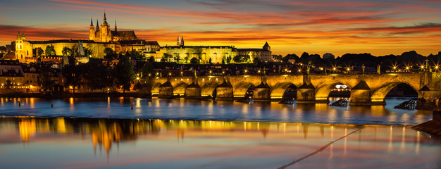 Charles Bridge with Prague Castle after sunset. Europe, Czech republic.