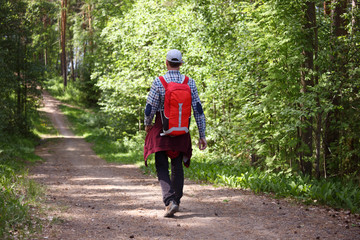 Tourist with backpack in a forest