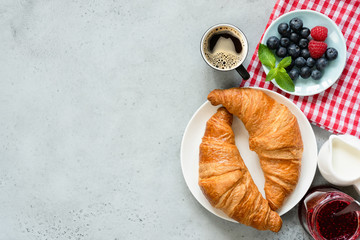 Continental Breakfast Croissants Coffee Berries Jam On Concrete Background, Top View, Copy Space