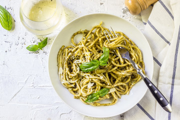 Spaghetti with homemade pesto sauce