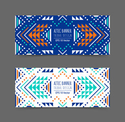 Bright colorful horizontal banner design template set with tribal aztec style ornament. Ethnic background collection. EPS 10 vector website header concept illustration. Clipping mask.