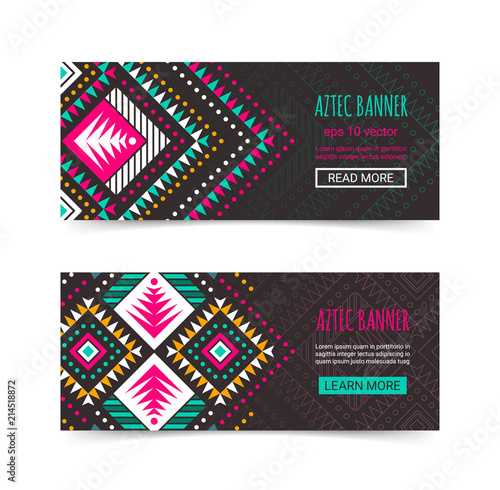 Bright Colorful Horizontal Banner Design Template Set With Tribal Aztec Style Ornament Ethnic Background Collection Bright Colorful Horizontal Banner Design Template Set With Tribal Aztec Style Ornament Ethnic Background Collection