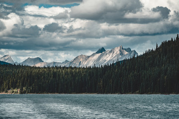Grand Panorama of Surrounding Peaks at Maligne Lake, Jasper National Park.