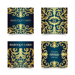 French baroque style elegant ornate visiting cards. Luxurious fashionable gold ornamental flyer design. Vintage fancy ornament decoration. Pathetic retro embellishment. EPS 10 vector brochure template