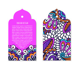 Indian badge set with bright colorful mehendi style ornament. Ethnic arabian ornamental label. Oriental tag design concept. Asian brochure template. Eastern collection. EPS 10 vector. 