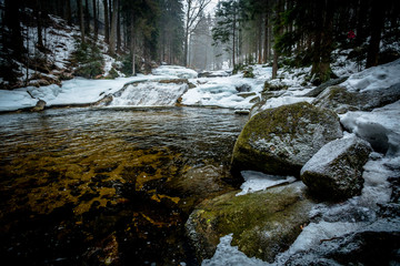 Large Snowy Boulders on the Banks of the Mumlava River