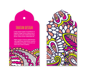 Indian badge set with bright colorful mehendi style ornament. Ethnic arabian ornamental label. Oriental tag design concept. Asian brochure template. Eastern collection. EPS 10 vector. 