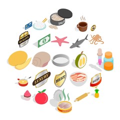 Food preparation icons set. Isometric set of 25 food preparation vector icons for web isolated on white background