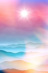 Summer background with mountains in the fog. Pink sunset time. EPS10 vector.