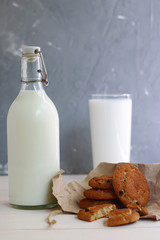 cookies with milk. healthy breakfast. bottle of milk with milk glasswith milk