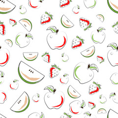 Seamless green apple, slice of a green apple and red strawberry pattern. Hand drawn imitation
