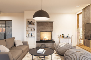 3d render living room interior design in the Scandinavian minimalist style