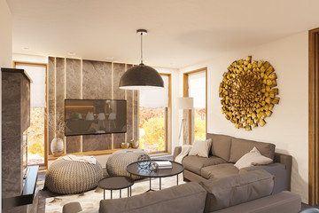 3d render modern living room interior design with fireplace