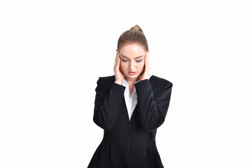 Business concept. Young business people feel tired in their work. Young businesswoman suffering from eyestrain