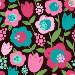 Seamless pattern with painted flowers. Vector illustration on the dark background.