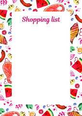 Grocery list template with watercolor illustration of assorted fruits. Design for print notebooks and daily planner on orange background