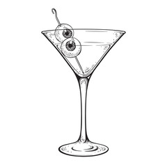 Martini with eyeballs cocktail in glass halloween design hand drawn line art vector illustration.