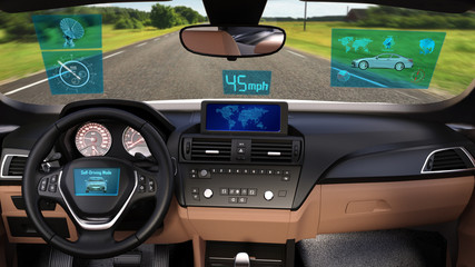 Driverless vehicle, autonomous sedan car with infographic data driving on the road, inside view, 3D rendering - 214528052