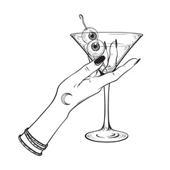 Obraz premium Martini with eyeballs cocktail in hand of witch halloween design line art vector illustration.