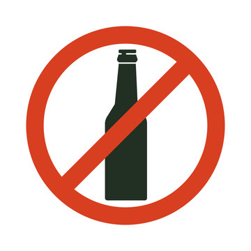 No alcohol sign. Prohibiting alcohol beverages. Red forbidden symbol with bottle. Vector isolated illustration.