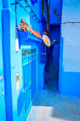 Beautiful street of blue medina in city Chefchaouen,  Morocco, Africa.