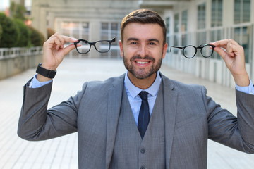 Excited man getting a 2x1 eyeglasses offer