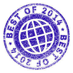BEST OF 2014 stamp imprint with distress texture. Blue vector rubber seal imprint of BEST OF 2014 caption with dirty texture. Seal has words placed by circle and globe symbol.