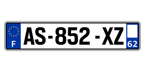 France car plate. Vehicle registration number