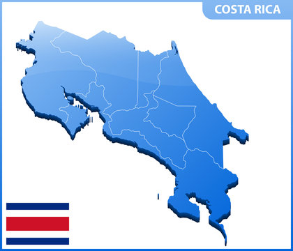 Highly detailed three dimensional map of Costa Rica. Administrative division.