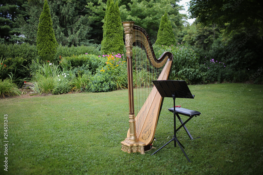 Wall mural Harp Classical Musical Instrument Outdoors in Summer for a Wedding Event Celebration