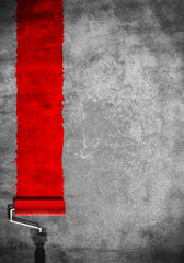 Paint roller with red paint on grunge wall background illustration