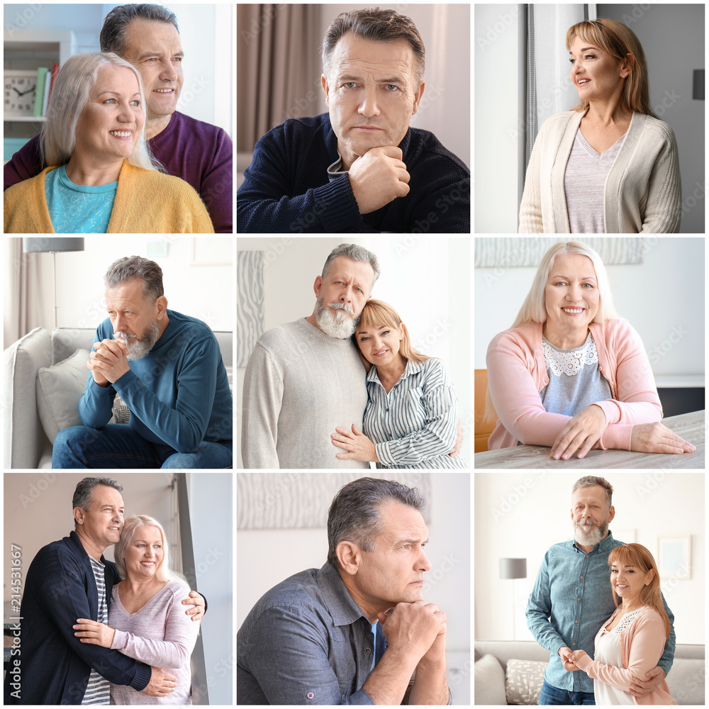 Wall mural set with mature people indoors. pension and care