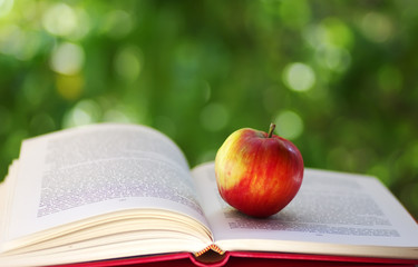 Red apple with open book on green background - Powered by Adobe