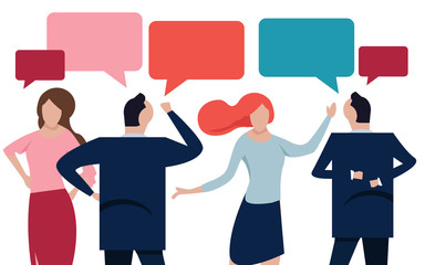 Vector flat illustration, a group of people communicates through the Internet social networks, the concept of communication, discussing business, news, acquaintance.