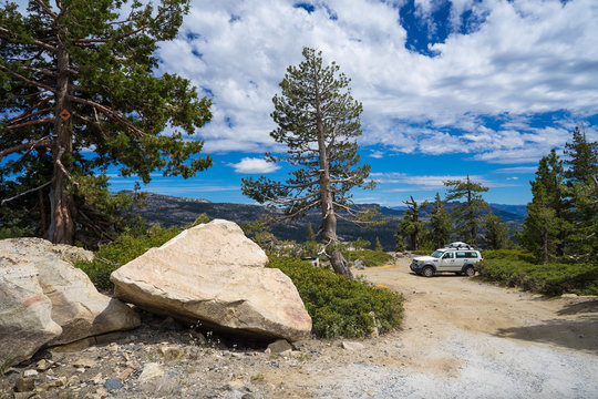 Truck and Tent at a Car Camping Site Along Ebbetts Pass, in the Sierra Nevada Mountains