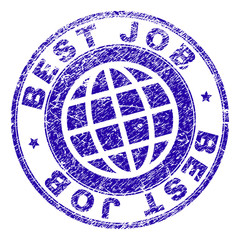 BEST JOB stamp print with grunge style. Blue vector rubber seal print of BEST JOB text with grunge texture. Seal has words arranged by circle and globe symbol.