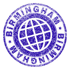 BIRMINGHAM stamp imprint with distress texture. Blue vector rubber seal imprint of BIRMINGHAM caption with corroded texture. Seal has words arranged by circle and globe symbol.