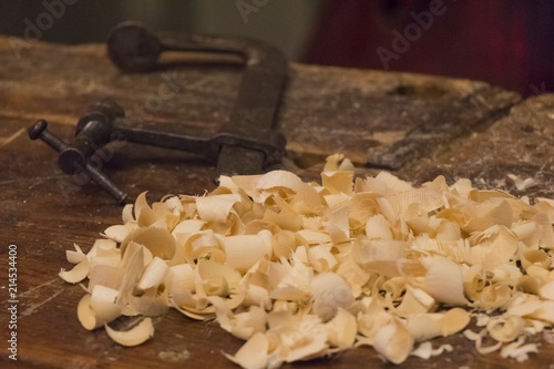 Holz Handwerk Geschäft Mit Handarbeit Sägespäne Auf Werkbank