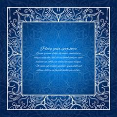 Vintage border. Lace invitation card Blue mandala Glowing frame.