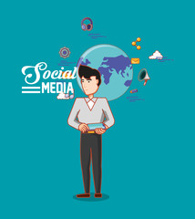 man holding tablet social media world