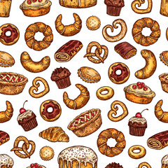 Vector bread and desserts pastry sketch pattern