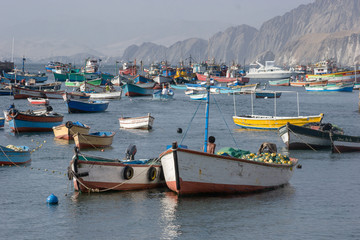 LIma, Peru: Boats in traditional fisher harbor of Pucusana.