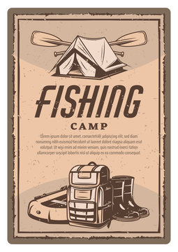 Vector fisher tent, boots and boat vintage poster