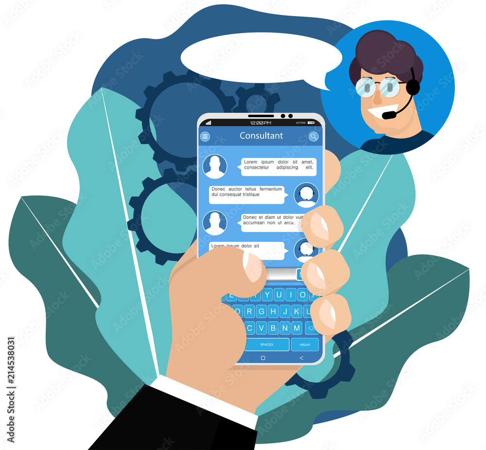 Poster virtual online assistant. hand with phone and correspondence with online assistant. graphic design b