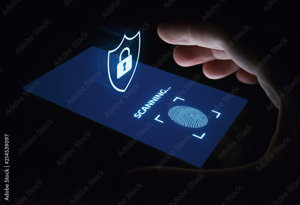 Poster fingerprint scan provides security access with biometrics identification. business technology safety