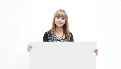 young business woman showing blank poster .isolated on white